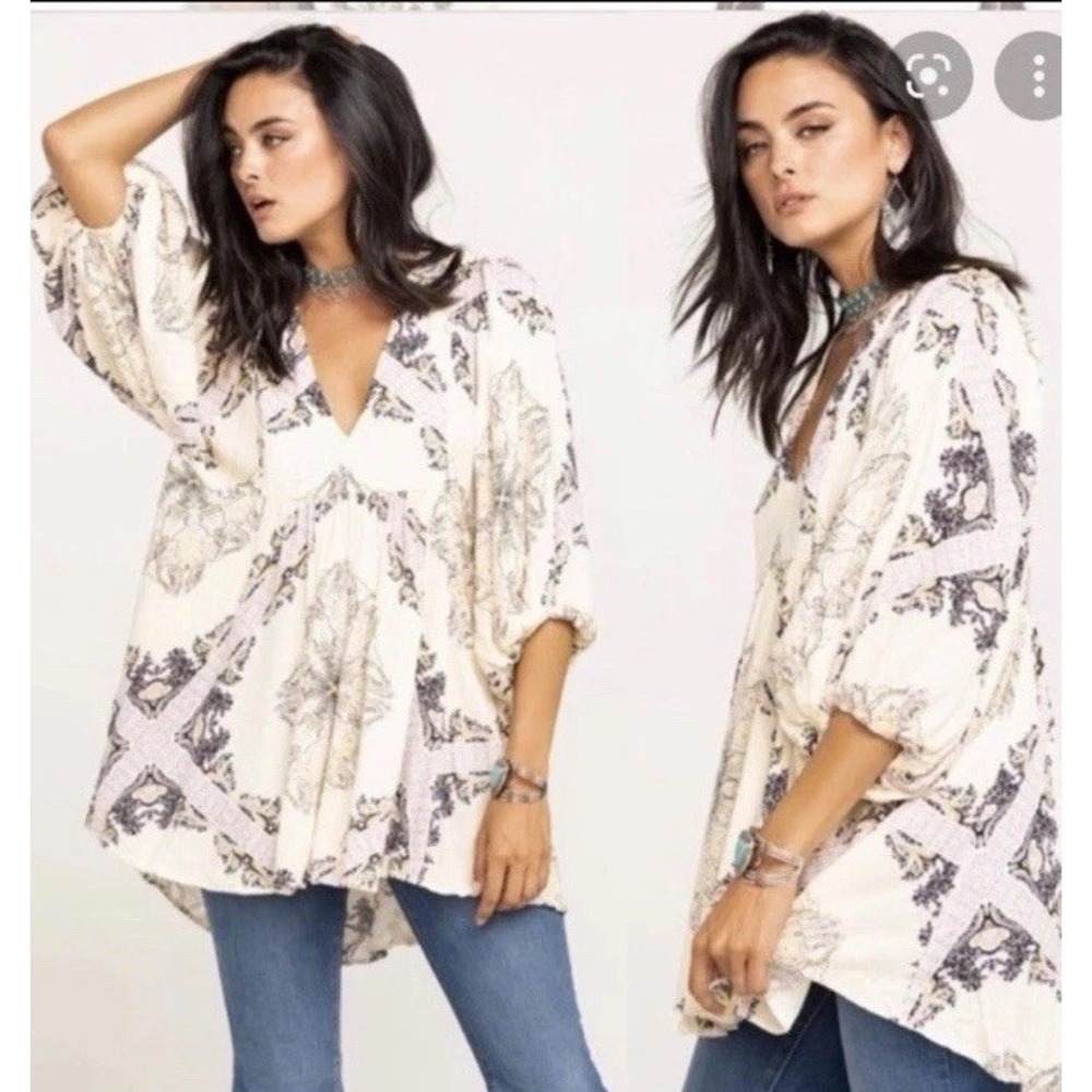 Free People Girl Talk Printed Tunic Top Large Ivory Babydoll